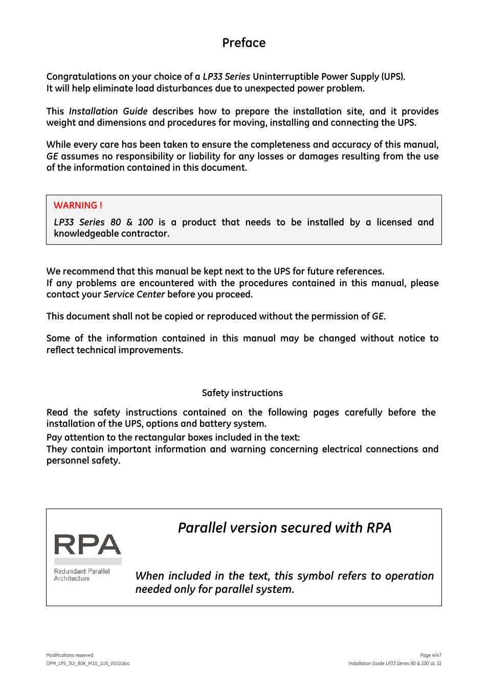 Parallel version secured with rpa, Preface | GE Industrial Solutions LP33 Series 80 & 100 Installation Guide User Manual | Page 4 / 47