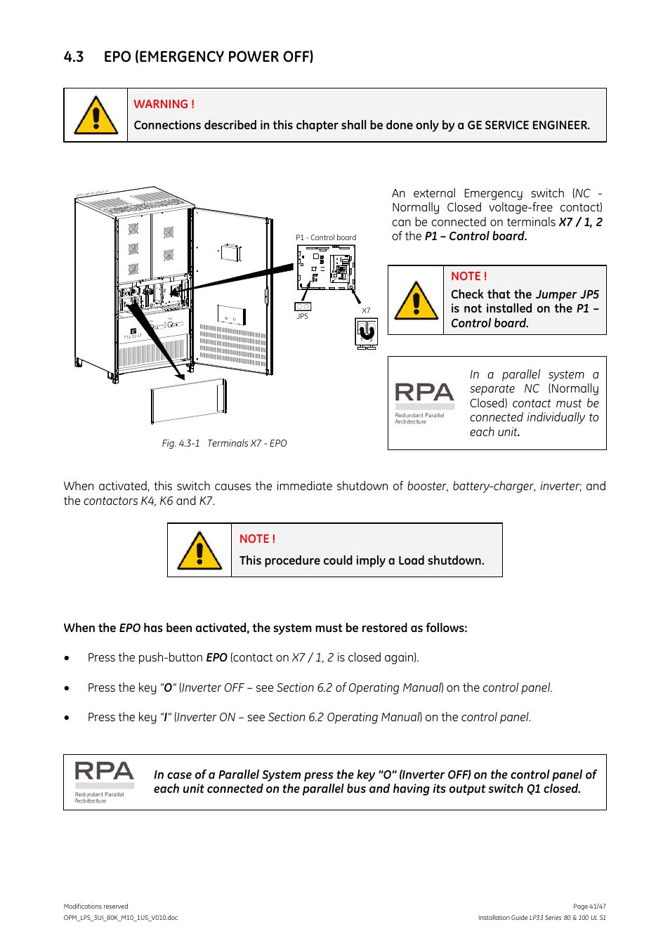 3 epo (emergency power off) | GE Industrial Solutions LP33 Series 80 & 100 Installation Guide User Manual | Page 41 / 47