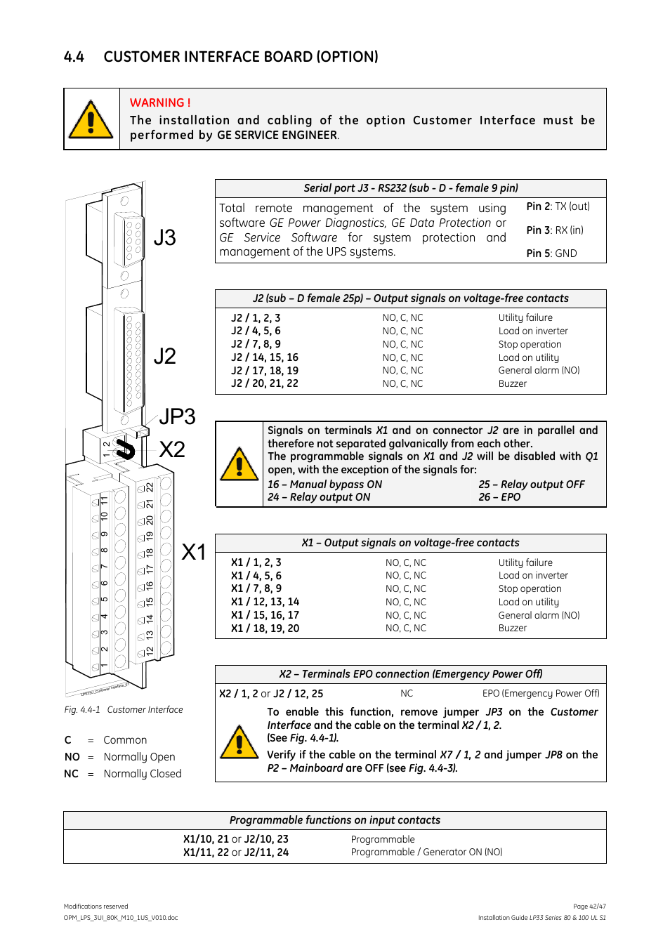 4 customer interface board (option), J3 j2 x1, Jp3 x2 | GE Industrial Solutions LP33 Series 80 & 100 Installation Guide User Manual | Page 42 / 47