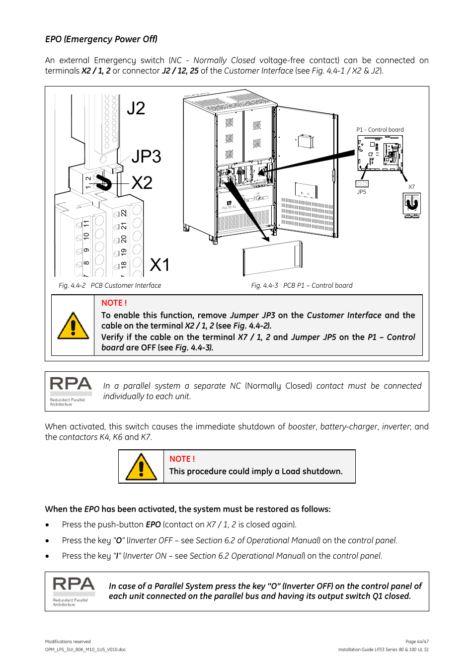 J2 x1, Jp3 x2, Epo (emergency power off) | GE Industrial Solutions LP33 Series 80 & 100 Installation Guide User Manual | Page 44 / 47