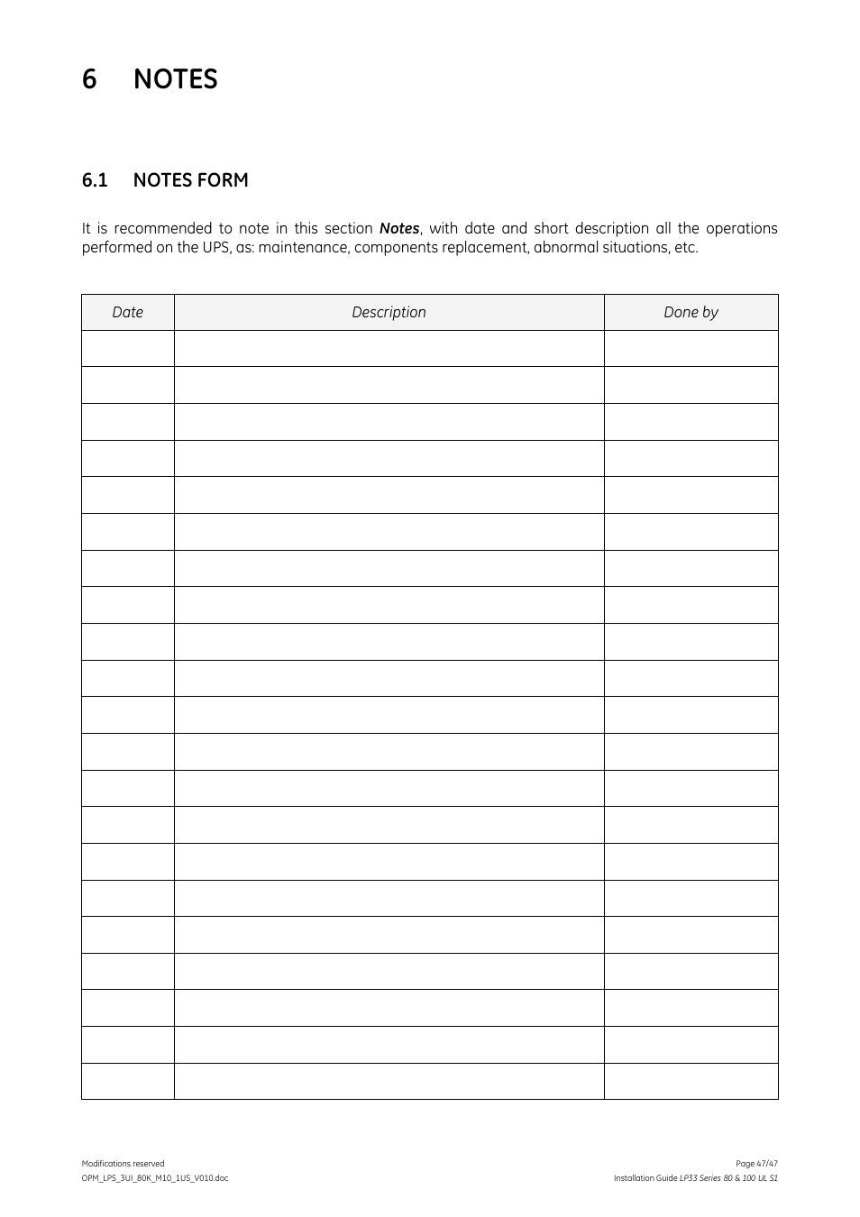 6 notes, 1 notes form | GE Industrial Solutions LP33 Series 80 & 100 Installation Guide User Manual | Page 47 / 47