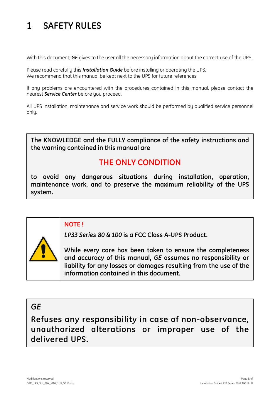 Safety rules, Place of installation, Internal batt | Epo (emergency p, 1 safety rules, The only condition | GE Industrial Solutions LP33 Series 80 & 100 Installation Guide User Manual | Page 6 / 47