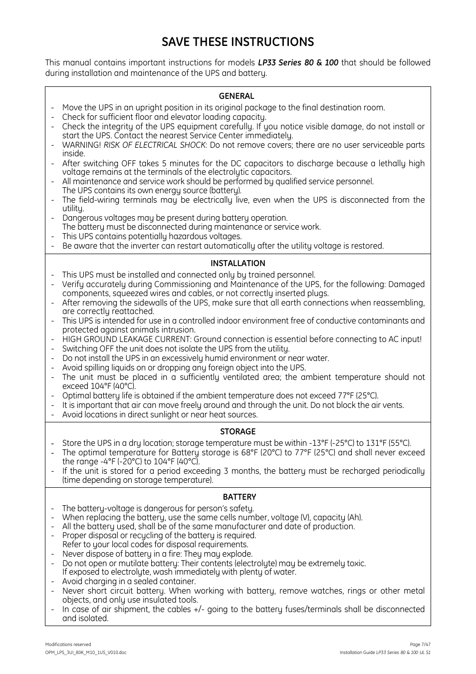 Save these instructions | GE Industrial Solutions LP33 Series 80 & 100 Installation Guide User Manual | Page 7 / 47