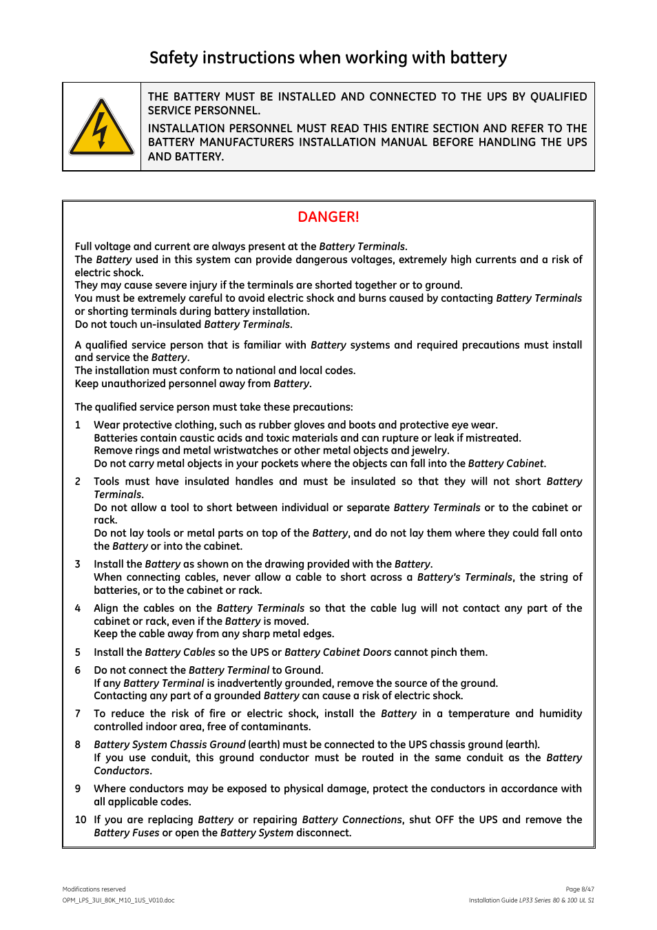 Safety instructions when working with battery, Danger | GE Industrial Solutions LP33 Series 80 & 100 Installation Guide User Manual | Page 8 / 47