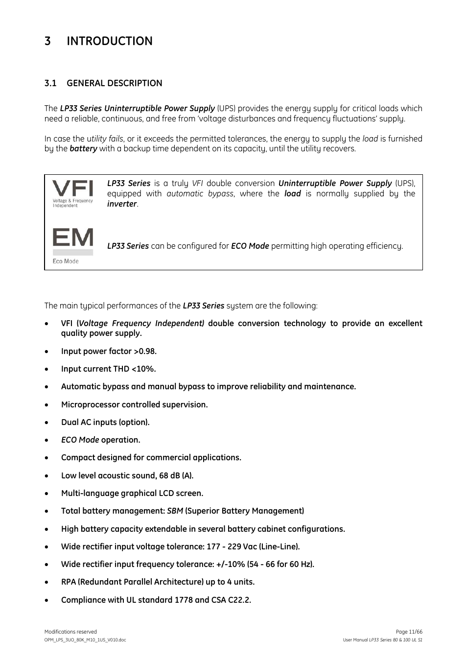 3 introduction, 1 general description, Introduction | General description | GE Industrial Solutions LP33 Series 80 & 100 User Manual User Manual | Page 11 / 66