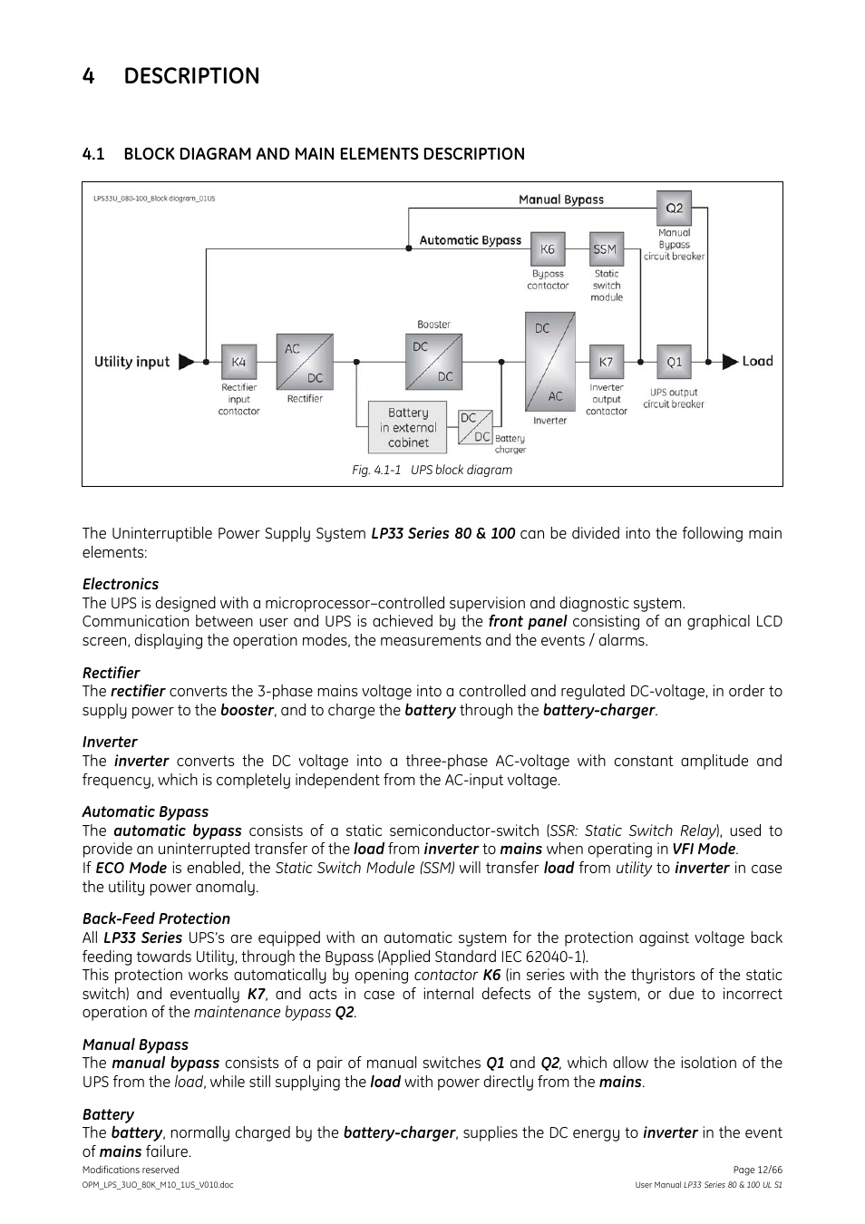 4 description, 1 block diagram and main elements description, Description | Block diagram and main elements description | GE Industrial Solutions LP33 Series 80 & 100 User Manual User Manual | Page 12 / 66