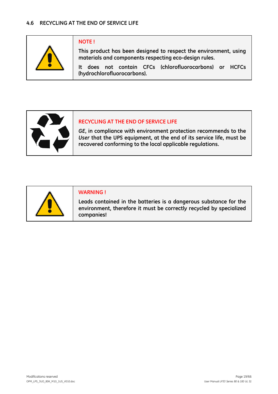 6 recycling at the end of service life, Recycling at the end of service life | GE Industrial Solutions LP33 Series 80 & 100 User Manual User Manual | Page 19 / 66