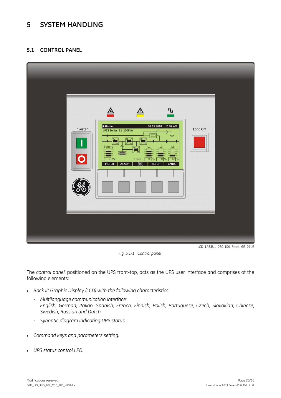 5 system handling, 1 control panel, System handling | Control panel | GE Industrial Solutions LP33 Series 80 & 100 User Manual User Manual | Page 20 / 66