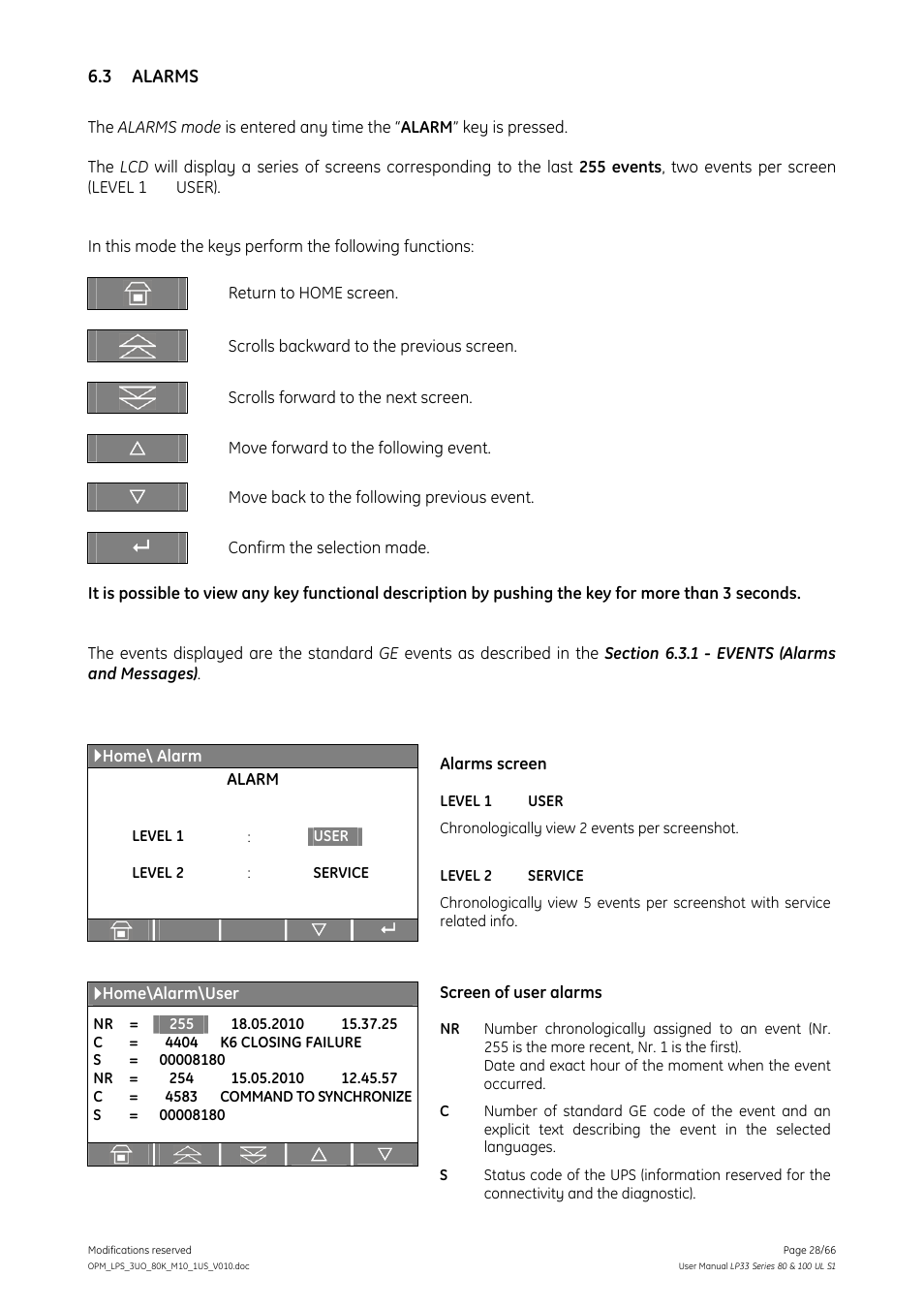 3 alarms, Alarms | GE Industrial Solutions LP33 Series 80 & 100 User Manual User Manual | Page 28 / 66