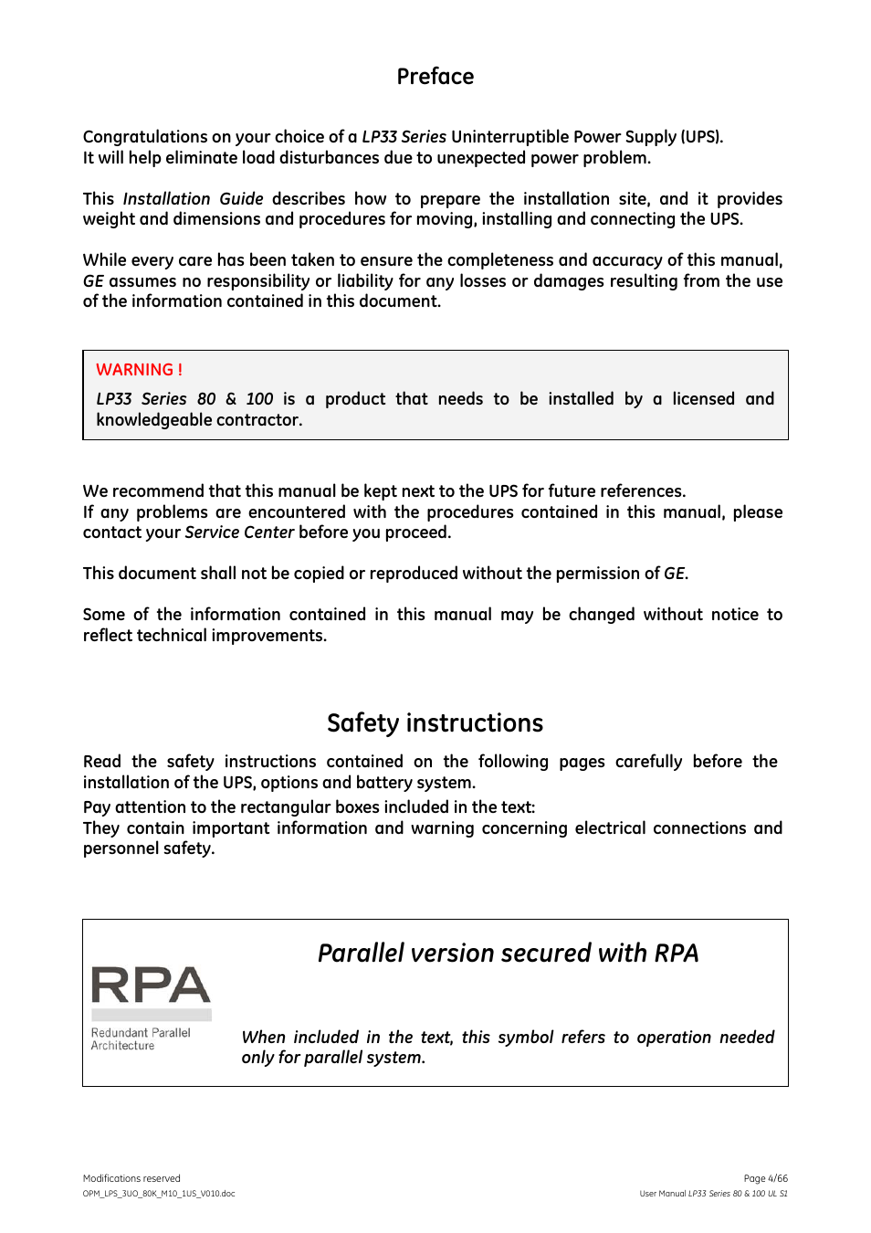 Safety instructions, Parallel version secured with rpa, Preface | GE Industrial Solutions LP33 Series 80 & 100 User Manual User Manual | Page 4 / 66