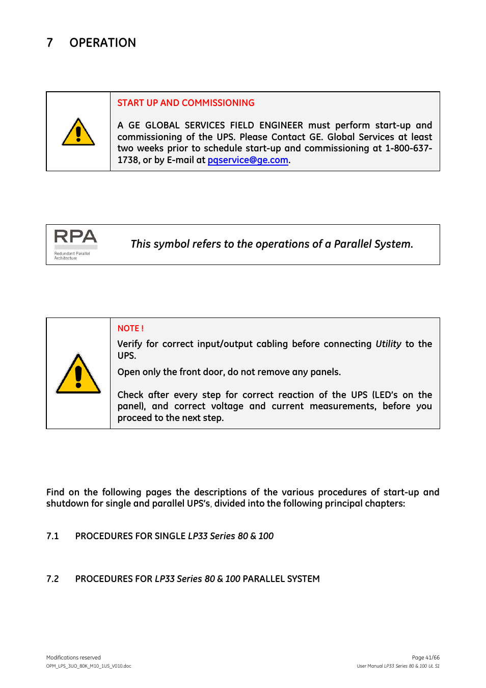 7 operation, Operation | GE Industrial Solutions LP33 Series 80 & 100 User Manual User Manual | Page 41 / 66