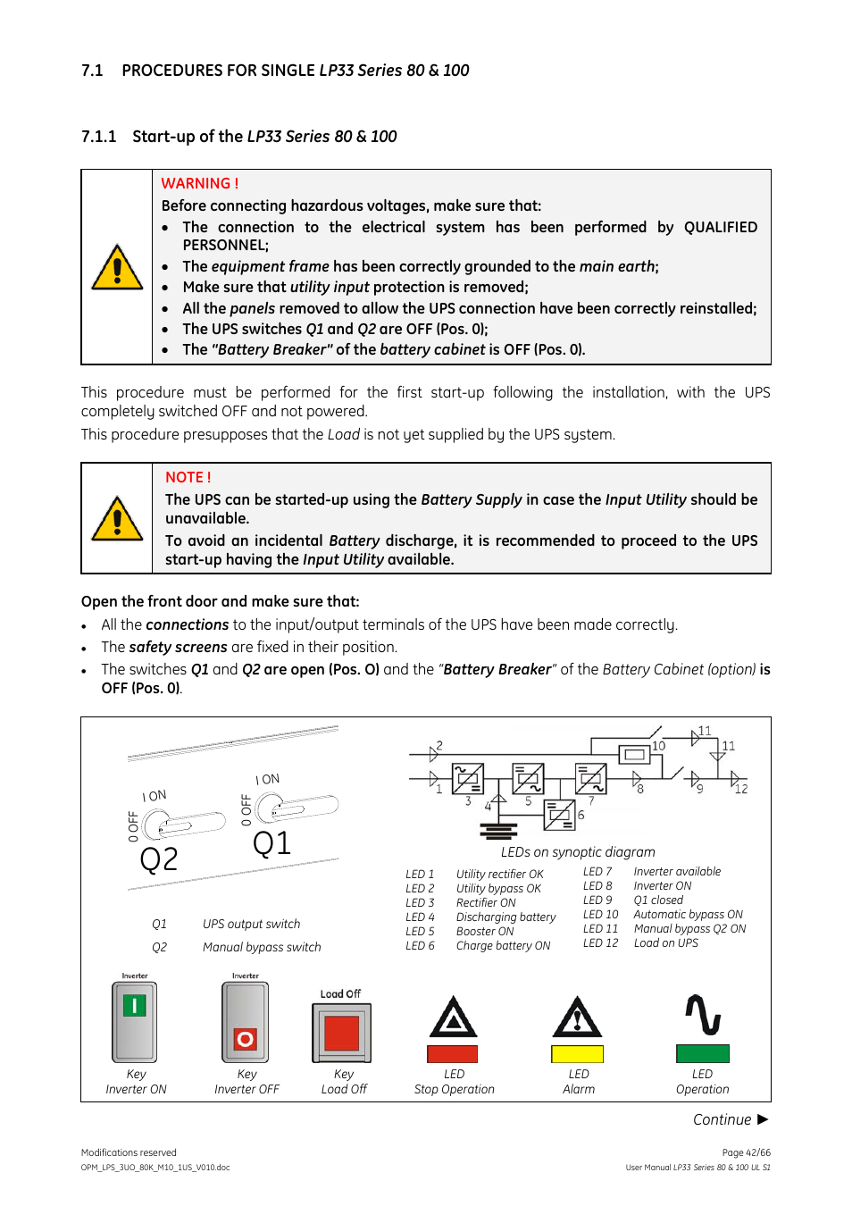 1 procedures for single lp33 series 80 & 100, 1 start-up of the lp33 series 80 & 100, Procedures for single lp33 series 80 & 100 | Start-up of the lp33 series 80 & 100 | GE Industrial Solutions LP33 Series 80 & 100 User Manual User Manual | Page 42 / 66