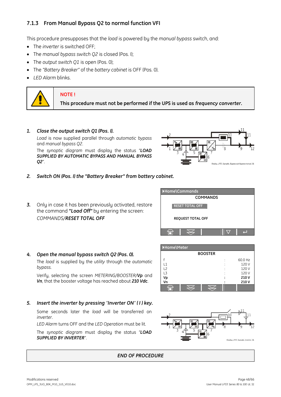 3 from manual bypass q2 to normal function vfi, From manual bypass q2 to normal function vfi | GE Industrial Solutions LP33 Series 80 & 100 User Manual User Manual | Page 48 / 66