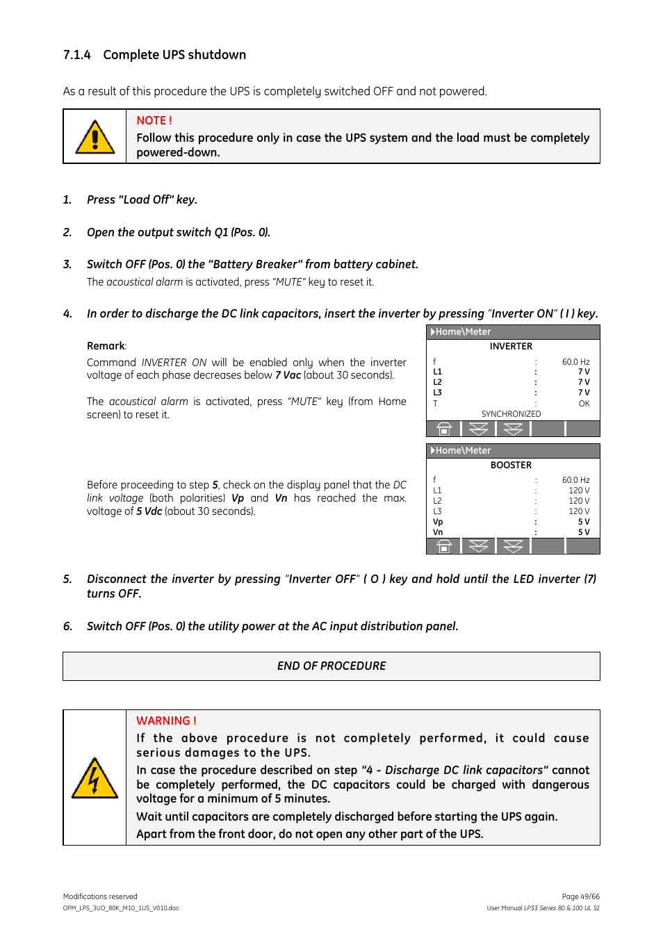 4 complete ups shutdown, Complete ups shutdown | GE Industrial Solutions LP33 Series 80 & 100 User Manual User Manual | Page 49 / 66