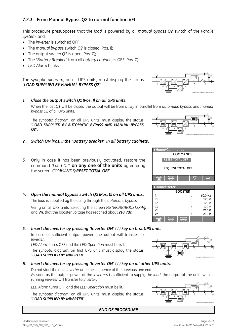 3 from manual bypass q2 to normal function vfi, From manual bypass q2 to normal function vfi, On any one of the units | GE Industrial Solutions LP33 Series 80 & 100 User Manual User Manual | Page 58 / 66
