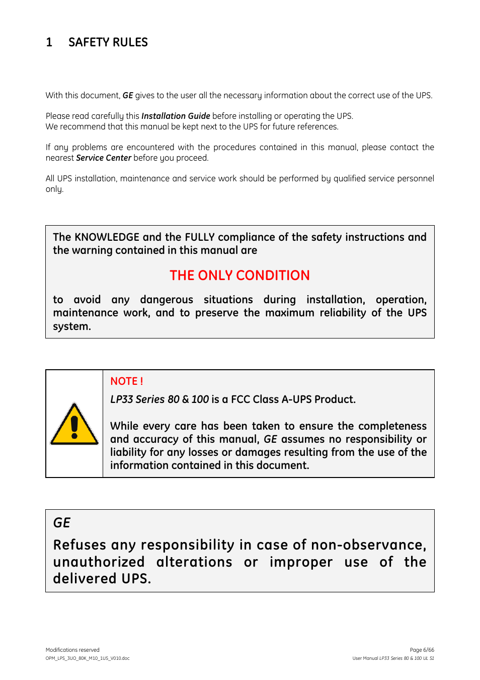 1 safety rules, Safety rules, The only condition | GE Industrial Solutions LP33 Series 80 & 100 User Manual User Manual | Page 6 / 66