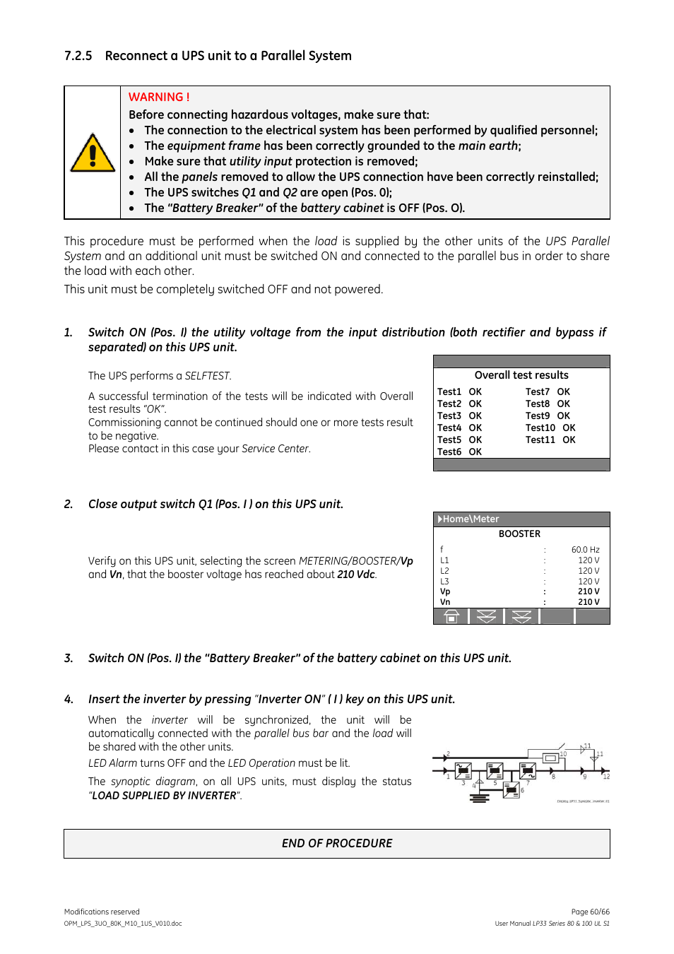 5 reconnect a ups unit to a parallel system, Reconnect a ups unit to a parallel system | GE Industrial Solutions LP33 Series 80 & 100 User Manual User Manual | Page 60 / 66