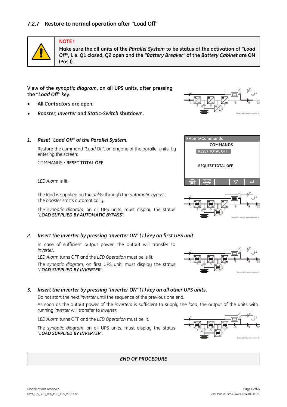 7 restore to normal operation after “load off, Restore to normal operation after “load off | GE Industrial Solutions LP33 Series 80 & 100 User Manual User Manual | Page 62 / 66