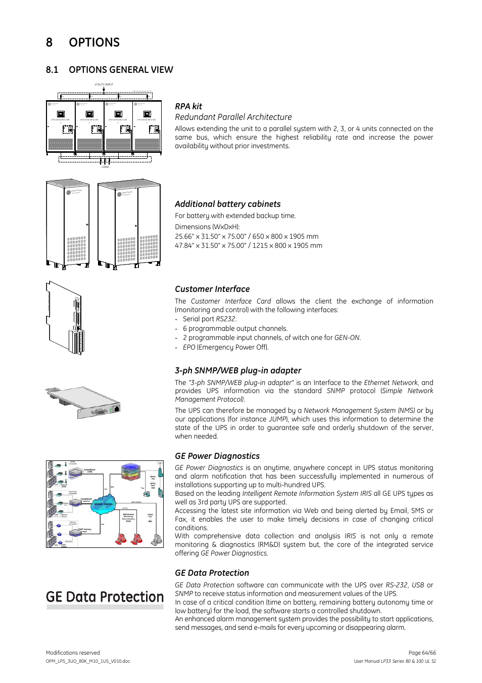 8 options, 1 options general view, Options | Options general view, Rpa kit redundant parallel architecture, Additional battery cabinets, Customer interface, Ph snmp/web plug-in adapter, Ge power diagnostics, Ge data protection | GE Industrial Solutions LP33 Series 80 & 100 User Manual User Manual | Page 64 / 66