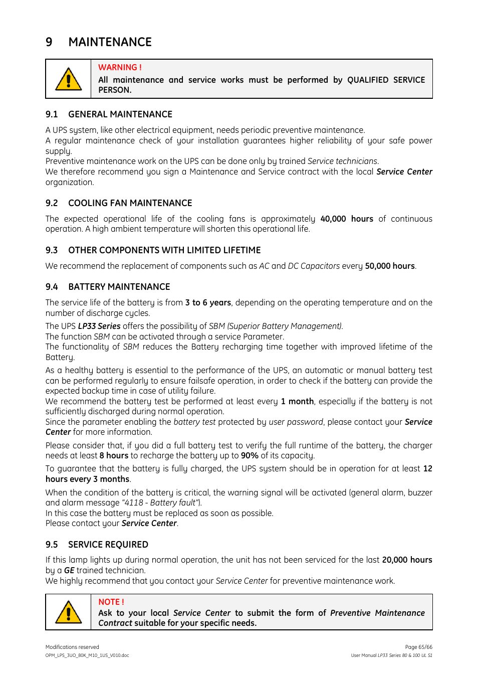 9 maintenance, 1 general maintenance, 2 cooling fan maintenance | 3 other components with limited lifetime, 4 battery maintenance, 5 service required, Maintenance, General maintenance, Cooling fan maintenance, Battery maintenance | GE Industrial Solutions LP33 Series 80 & 100 User Manual User Manual | Page 65 / 66
