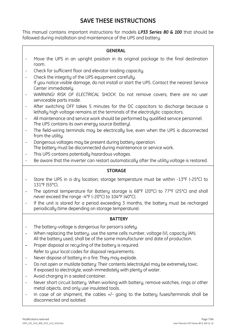 Save these instructions | GE Industrial Solutions LP33 Series 80 & 100 User Manual User Manual | Page 7 / 66