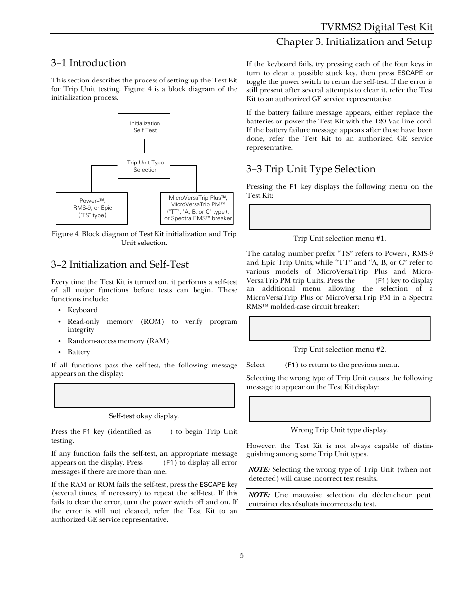 3–1 introduction, 3–2 initialization and self-test, 3–3 trip unit type selection | GE Industrial Solutions TVRMS2 Digital Test Kit User Manual | Page 11 / 28