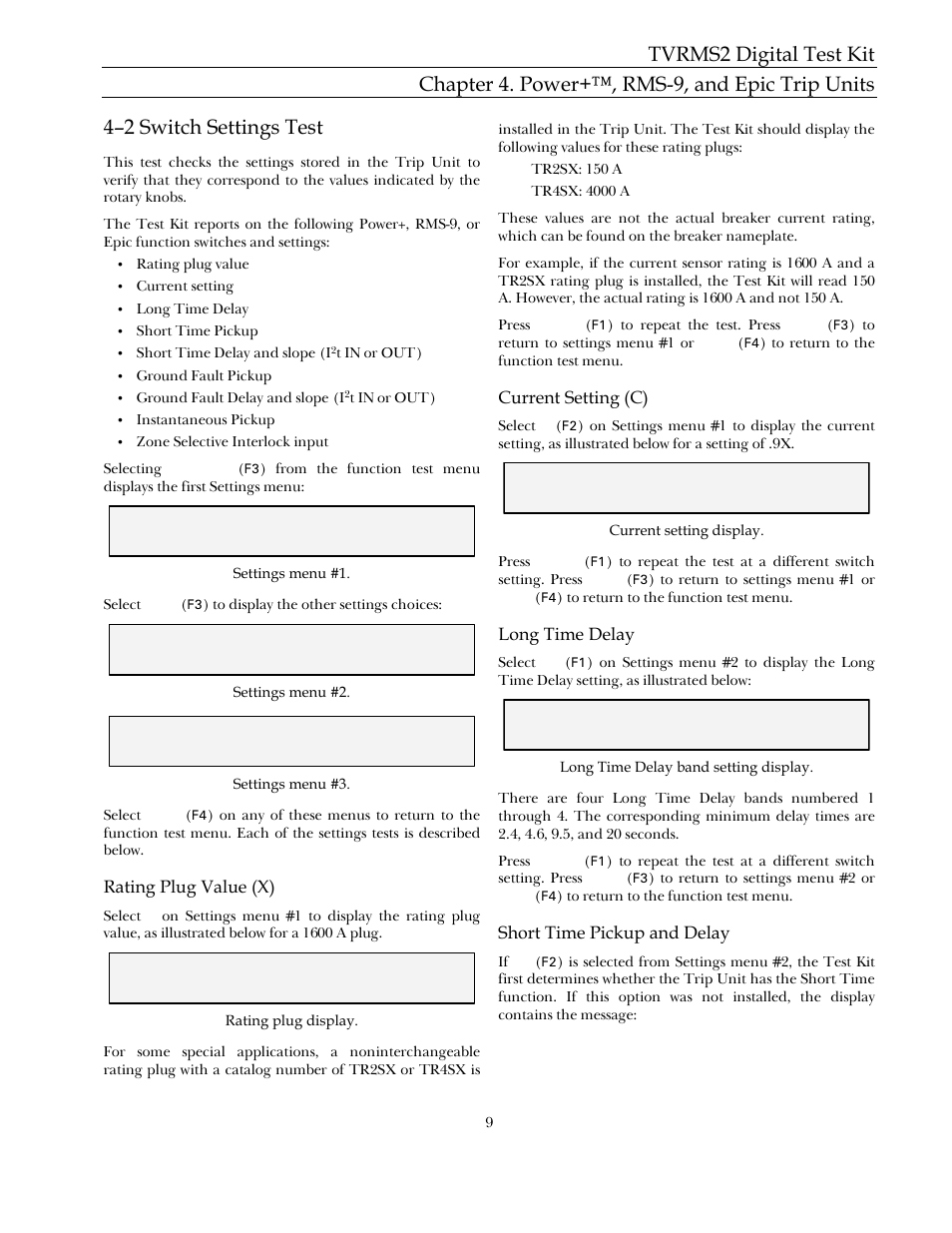 4–2 switch settings test, Rating plug value (x), Current setting (c) | Long time delay, Short time pickup and delay | GE Industrial Solutions TVRMS2 Digital Test Kit User Manual | Page 15 / 28