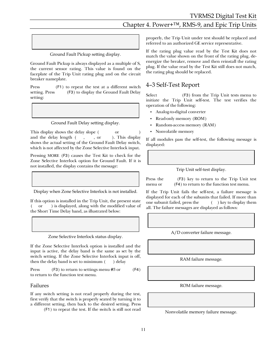 4–3 self-test report, Failures | GE Industrial Solutions TVRMS2 Digital Test Kit User Manual | Page 17 / 28