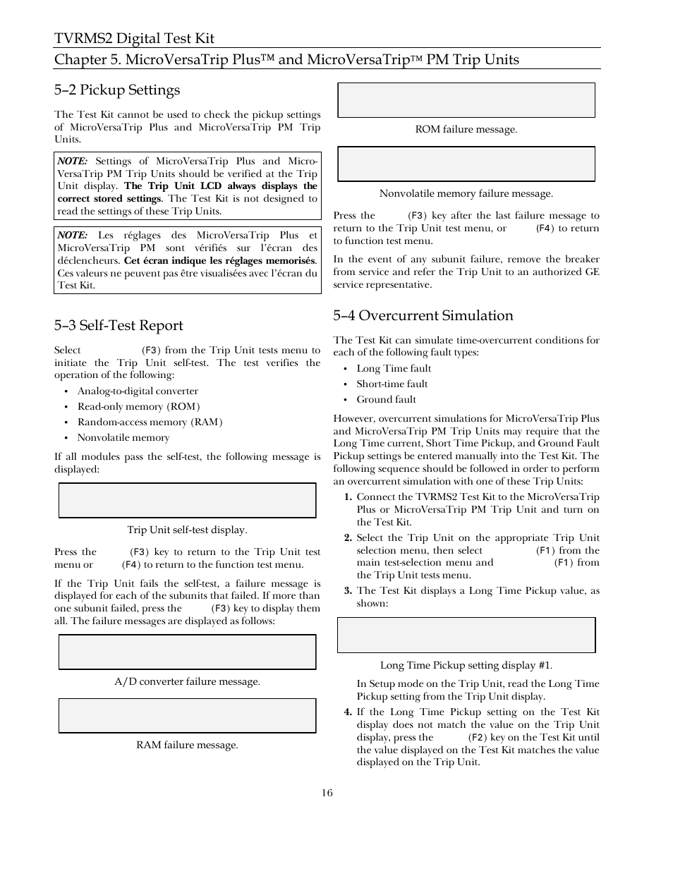 Pm trip units, 5–2 pickup settings, 5–3 self-test report | 5–4 overcurrent simulation | GE Industrial Solutions TVRMS2 Digital Test Kit User Manual | Page 22 / 28