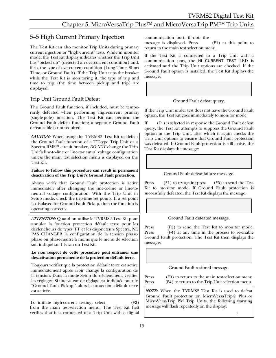 5–5 high current primary injection, Trip unit ground fault defeat | GE Industrial Solutions TVRMS2 Digital Test Kit User Manual | Page 25 / 28