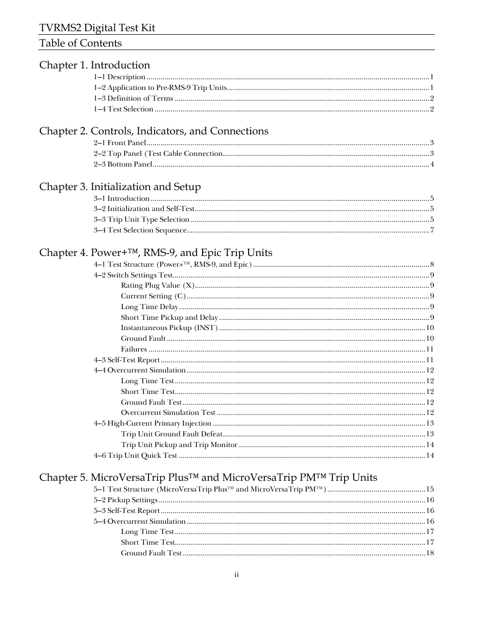 Tvrms2 digital test kit table of contents, Chapter 1. introduction, Chapter 2. controls, indicators, and connections | Chapter 3. initialization and setup, Chapter 4. power+™, rms-9, and epic trip units | GE Industrial Solutions TVRMS2 Digital Test Kit User Manual | Page 4 / 28