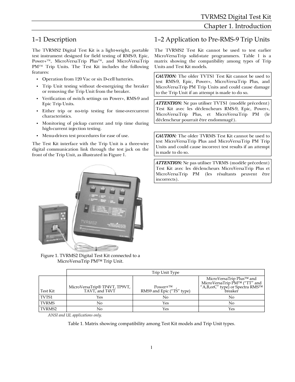 Tvrms2 digital test kit chapter 1. introduction, 1–1 description, 1–2 application to pre-rms-9 trip units | GE Industrial Solutions TVRMS2 Digital Test Kit User Manual | Page 7 / 28