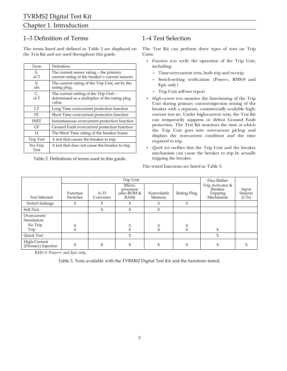 Tvrms2 digital test kit chapter 1. introduction, 1–3 definition of terms, 1–4 test selection | GE Industrial Solutions TVRMS2 Digital Test Kit User Manual | Page 8 / 28