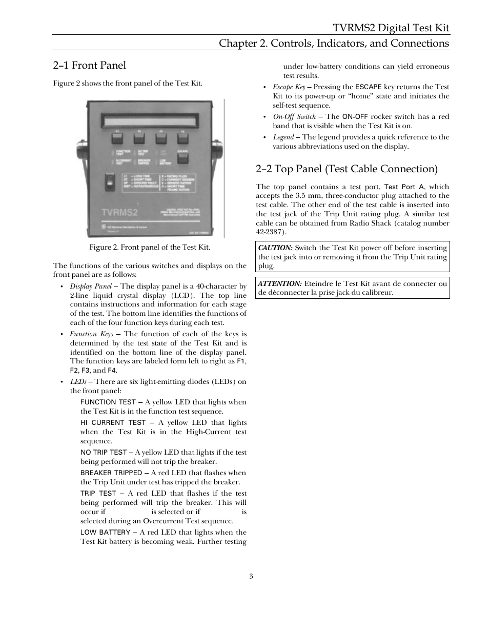 2–1 front panel, 2–2 top panel (test cable connection) | GE Industrial Solutions TVRMS2 Digital Test Kit User Manual | Page 9 / 28