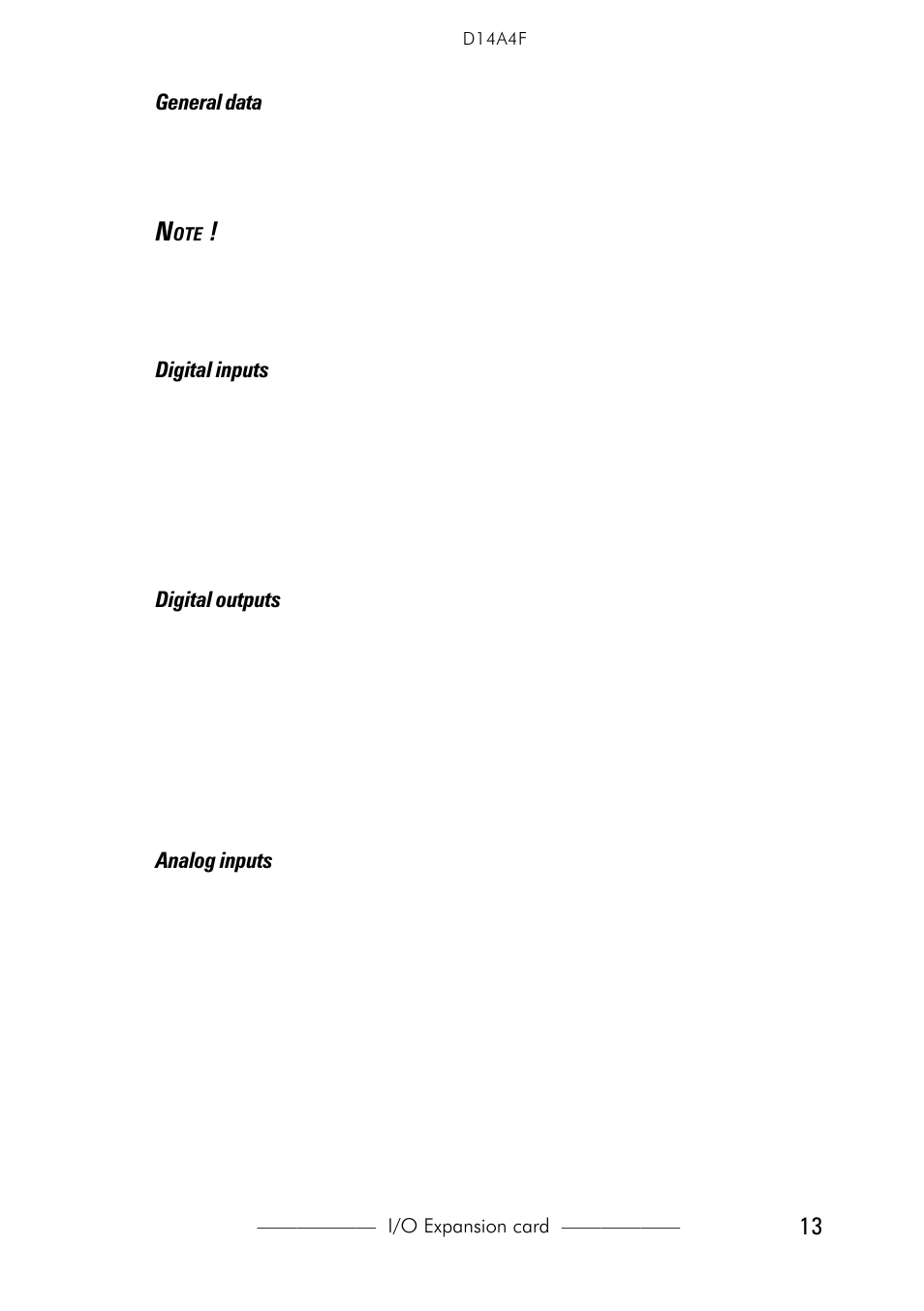 General data, Digital inputs, Digital outputs | Analog inputs | GE Industrial Solutions D14A4F expanded I_O for AV-300i Drives User Manual | Page 13 / 16