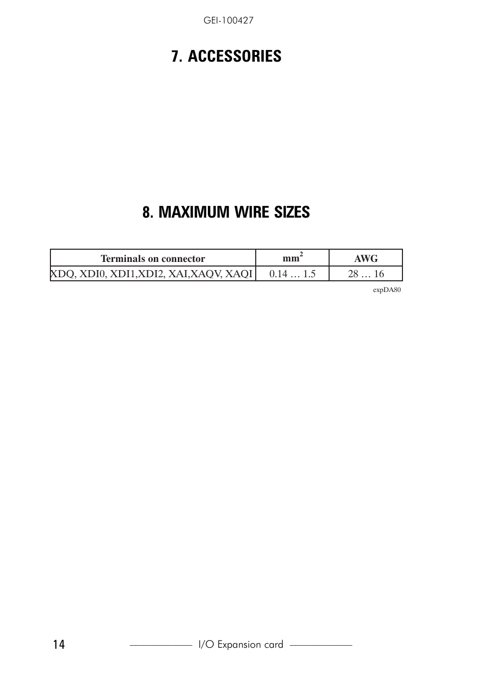 Accessories, Maximum wire sizes | GE Industrial Solutions D20A6 expanded I_O for AV-300i Drives User Manual | Page 14 / 16