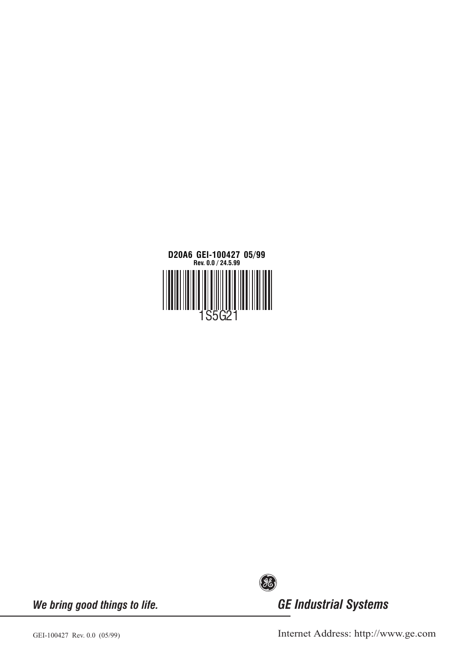 1s5g21, Ge industrial systems | GE Industrial Solutions D20A6 expanded I_O for AV-300i Drives User Manual | Page 16 / 16