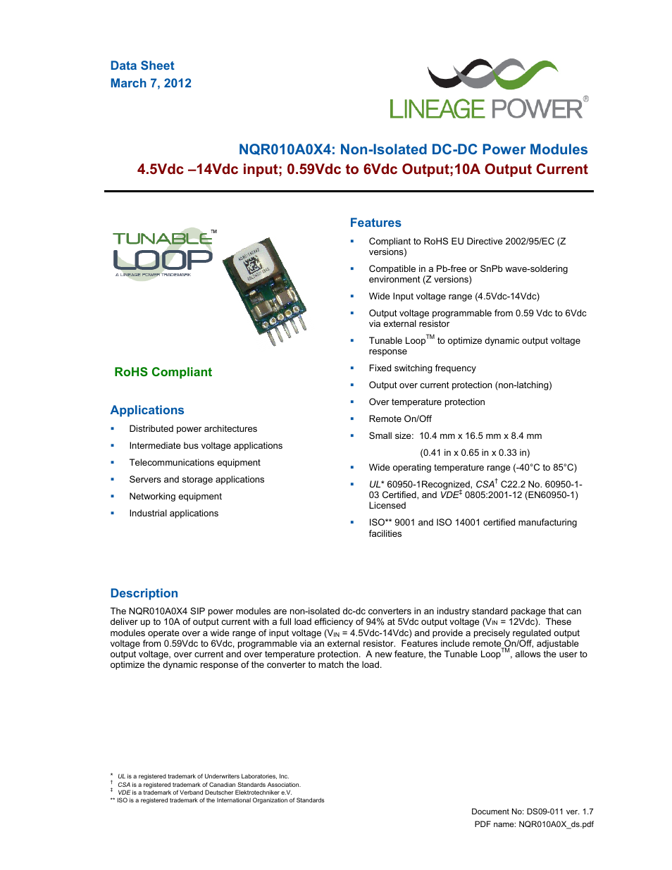 GE Industrial Solutions NQR010A0X4 User Manual | 20 pages