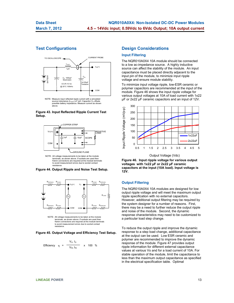 Test configurations, Design considerations, Input filtering | Output filtering, Lineage power 13, Figure 44. output ripple and noise test setup | GE Industrial Solutions NQR010A0X4 User Manual | Page 13 / 20