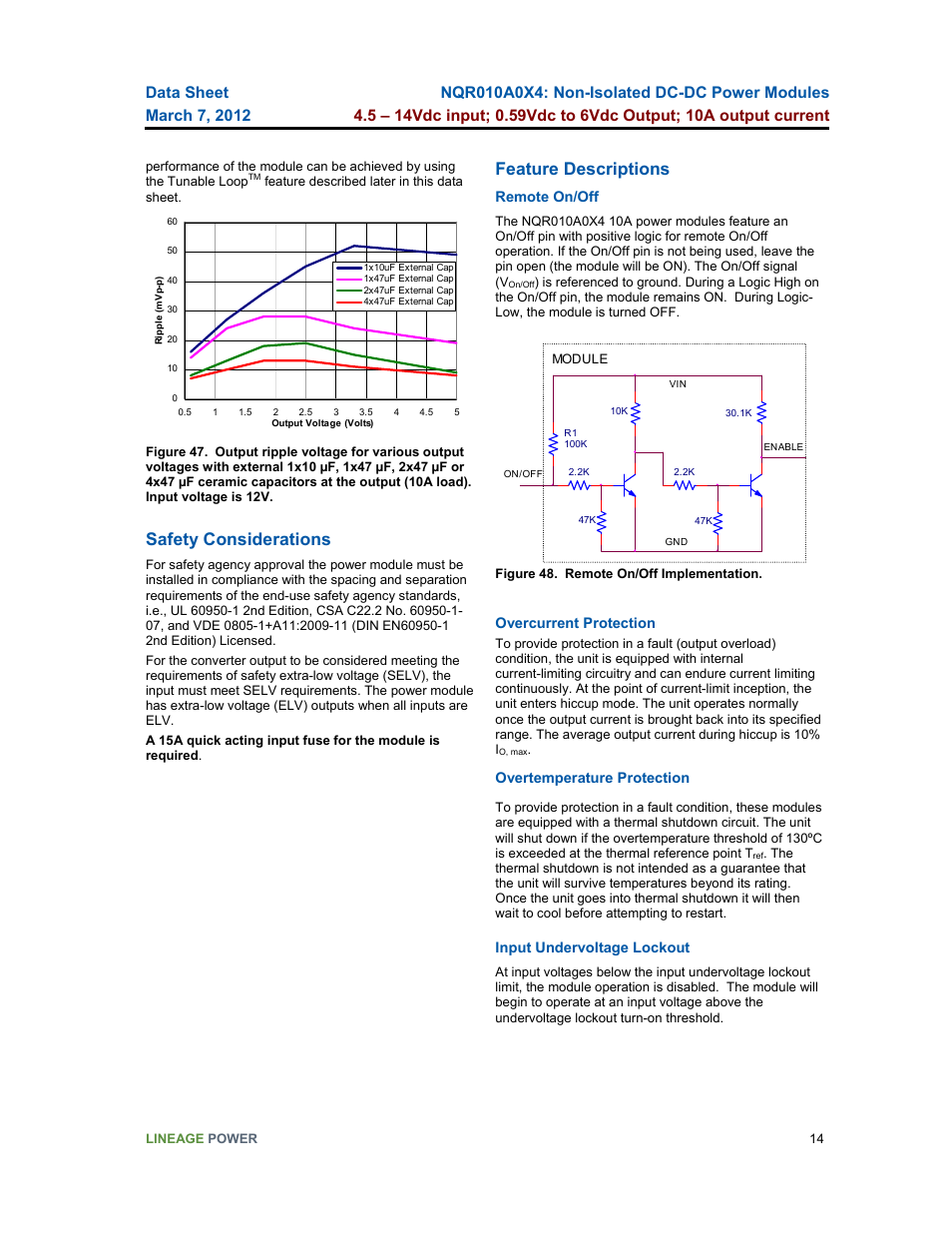 Safety considerations, Feature descriptions | GE Industrial Solutions NQR010A0X4 User Manual | Page 14 / 20