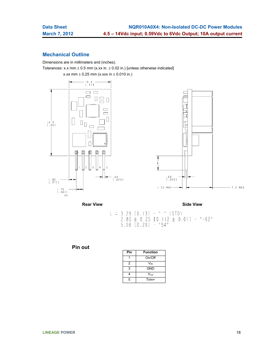 Mechanical outline, Pin out | GE Industrial Solutions NQR010A0X4 User Manual | Page 18 / 20