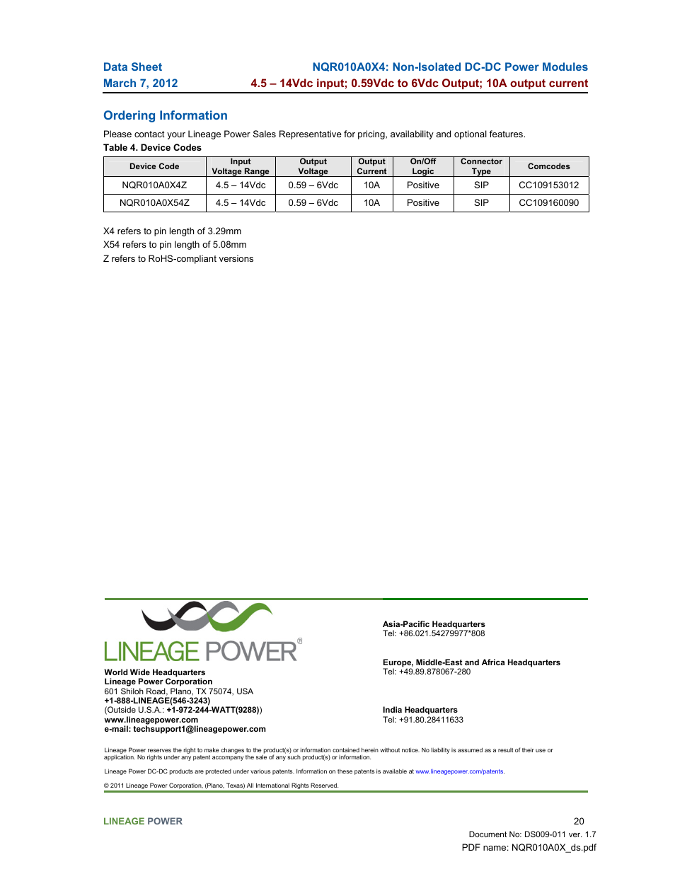 Ordering information | GE Industrial Solutions NQR010A0X4 User Manual | Page 20 / 20