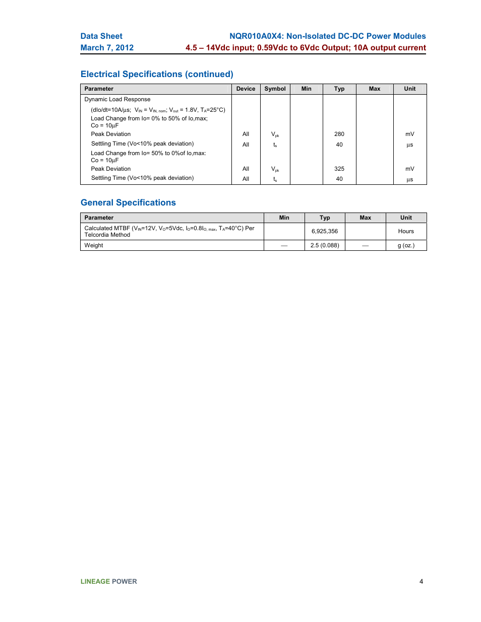 Electrical specifications (continued), General specifications | GE Industrial Solutions NQR010A0X4 User Manual | Page 4 / 20