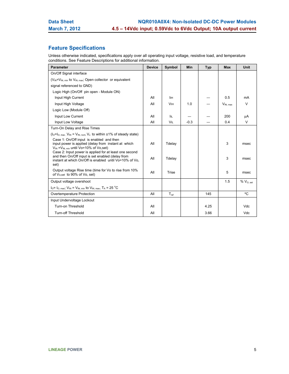 Feature specifications | GE Industrial Solutions NQR010A0X4 User Manual | Page 5 / 20