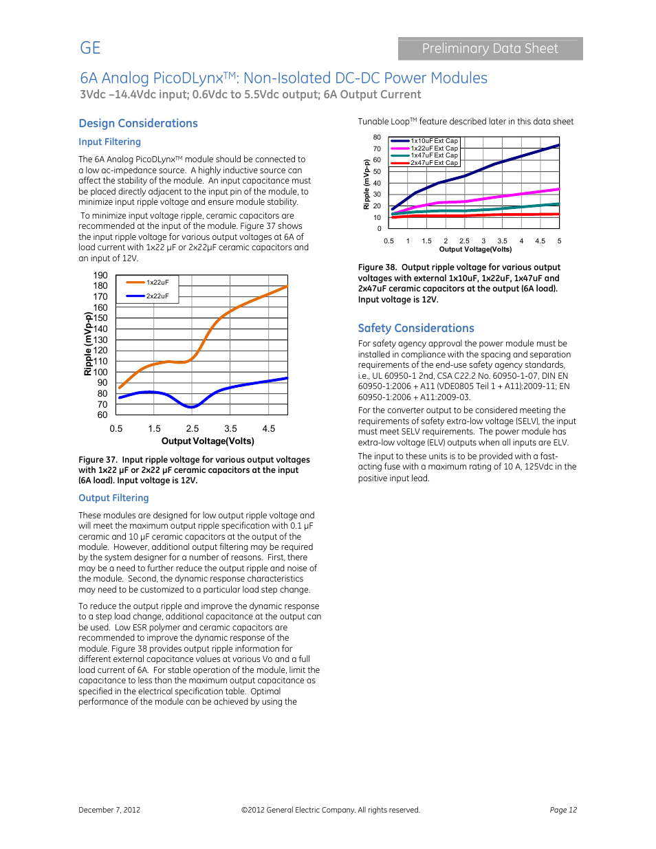 6a analog picodlynx, Non-isolated dc-dc power modules, Preliminary data sheet | Design considerations, Safety considerations | GE Industrial Solutions 6A Analog PicoDLynx User Manual | Page 12 / 23