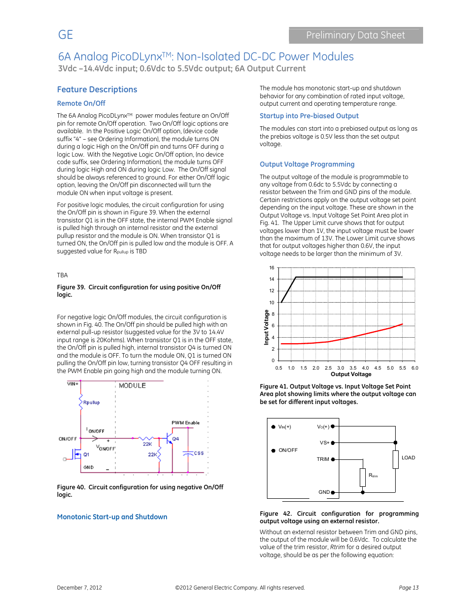 6a analog picodlynx, Non-isolated dc-dc power modules, Preliminary data sheet | Feature descriptions | GE Industrial Solutions 6A Analog PicoDLynx User Manual | Page 13 / 23