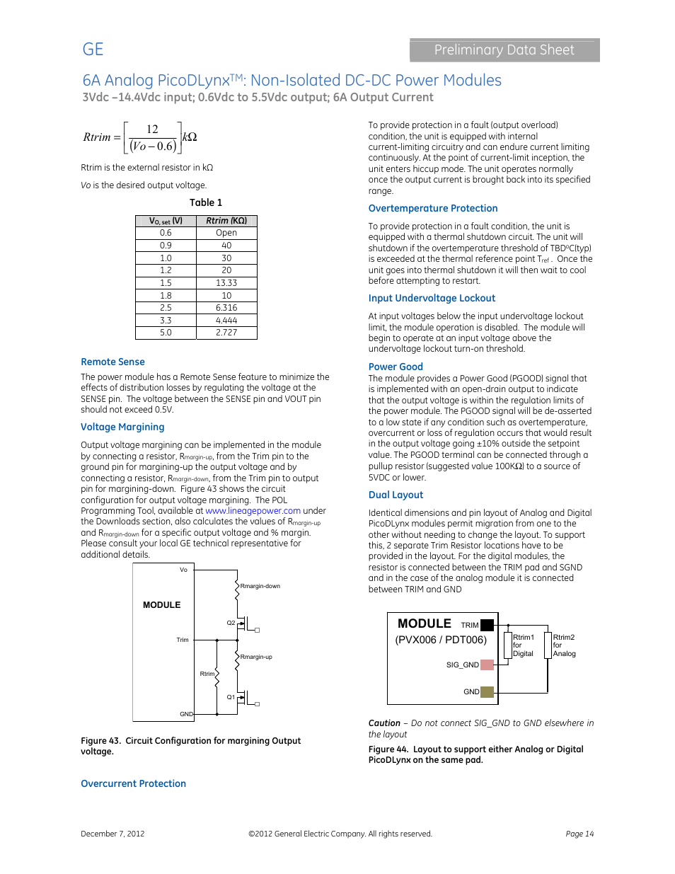 6a analog picodlynx, Non-isolated dc-dc power modules, Preliminary data sheet | Ω      − = k vo rtrim 6 . 0 12, Module | GE Industrial Solutions 6A Analog PicoDLynx User Manual | Page 14 / 23