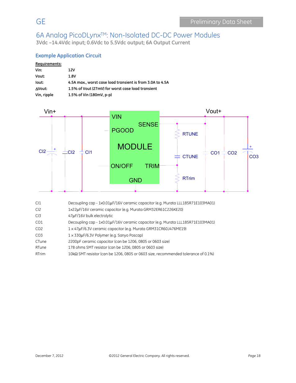 Module, 6a analog picodlynx, Non-isolated dc-dc power modules | Preliminary data sheet, Vout vout, Trim on/off, Pgood, Sense vin | GE Industrial Solutions 6A Analog PicoDLynx User Manual | Page 18 / 23