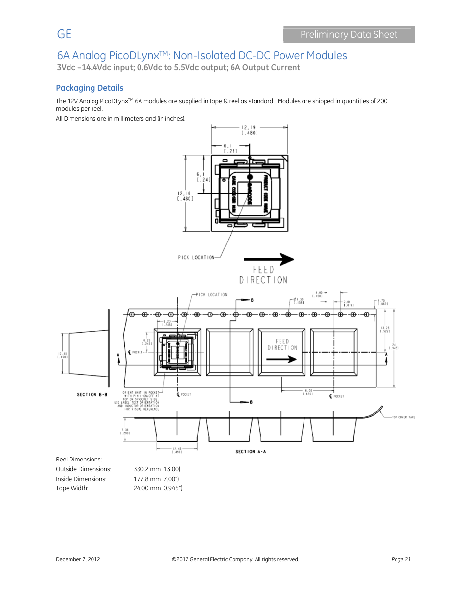 6a analog picodlynx, Non-isolated dc-dc power modules, Preliminary data sheet | GE Industrial Solutions 6A Analog PicoDLynx User Manual | Page 21 / 23