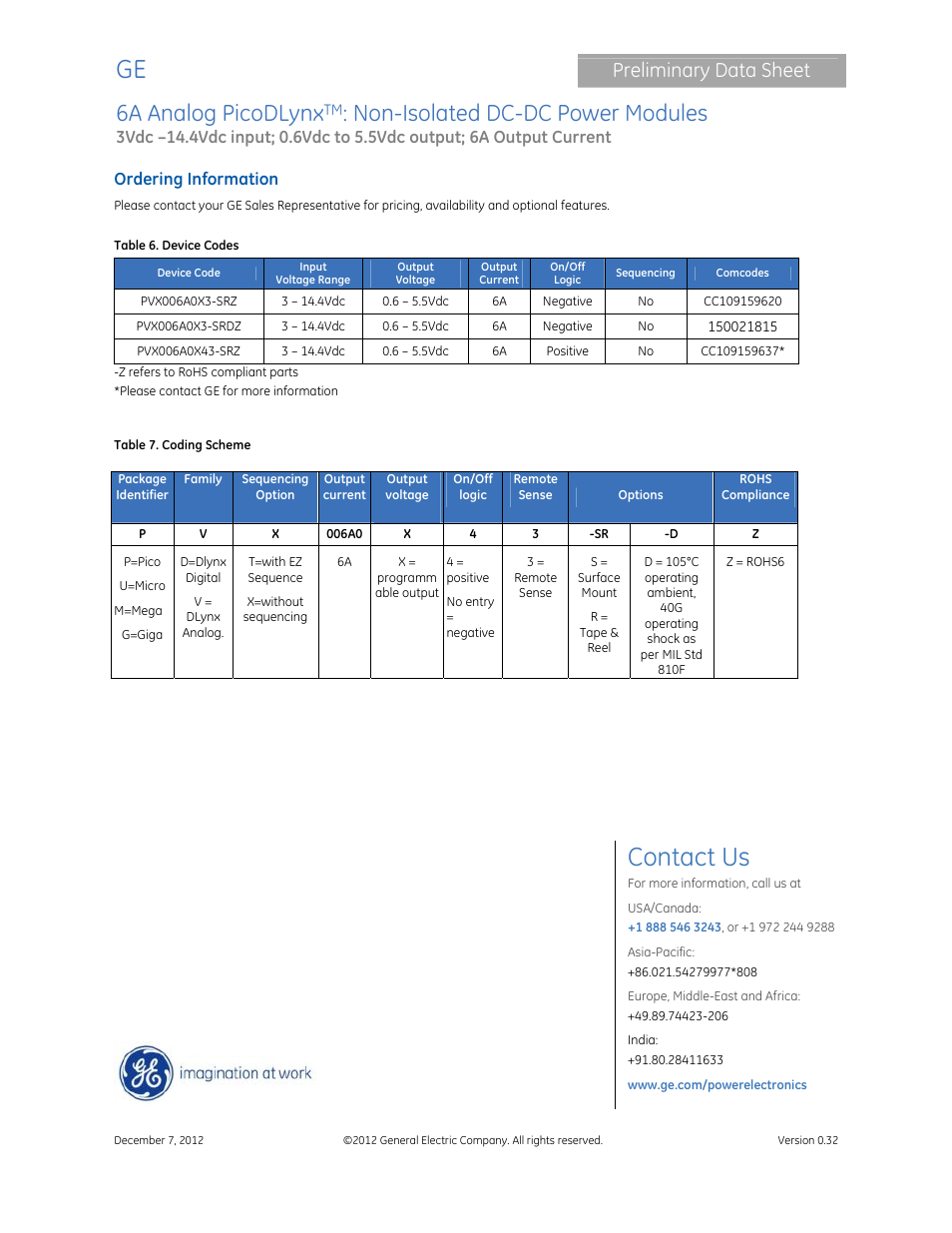 Contact us, 6a analog picodlynx, Non-isolated dc-dc power modules | Preliminary data sheet, Ordering information | GE Industrial Solutions 6A Analog PicoDLynx User Manual | Page 23 / 23